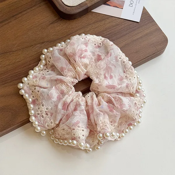 Custom lace pearl scrunchie with floral chiffon view 2